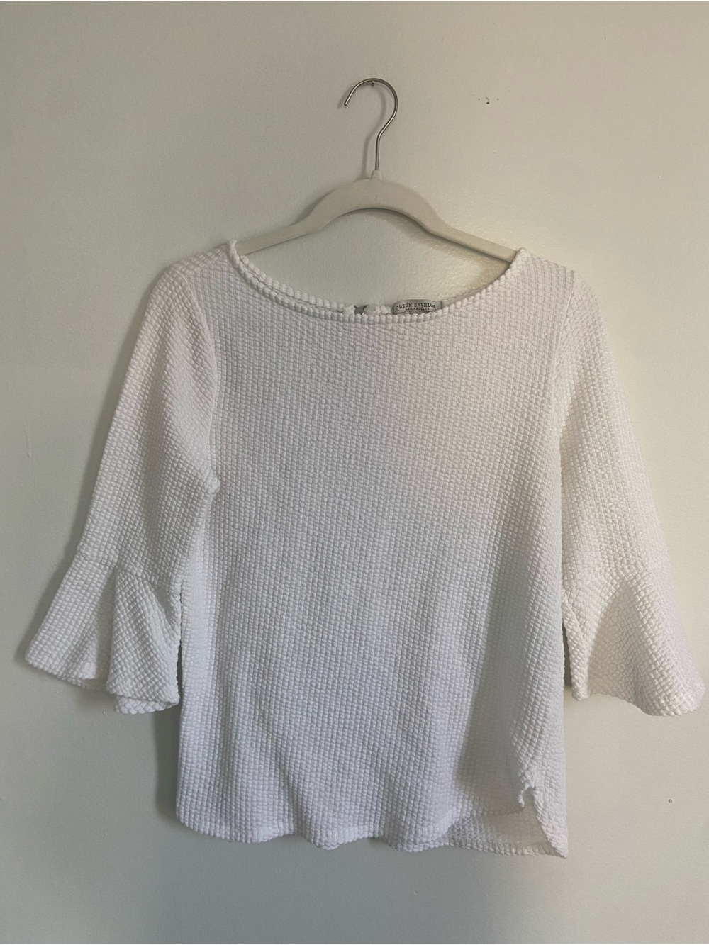 Green Envelope White Waffle Knit Bell Sleeve Blouse